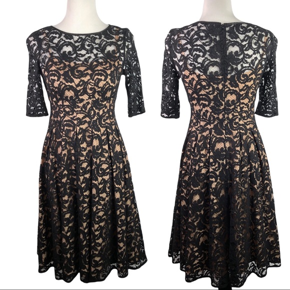 Adrianna Papell Black Lace & Nude Midi Cocktail Night Out Dress Women's Size 2 - Picture 8 of 8